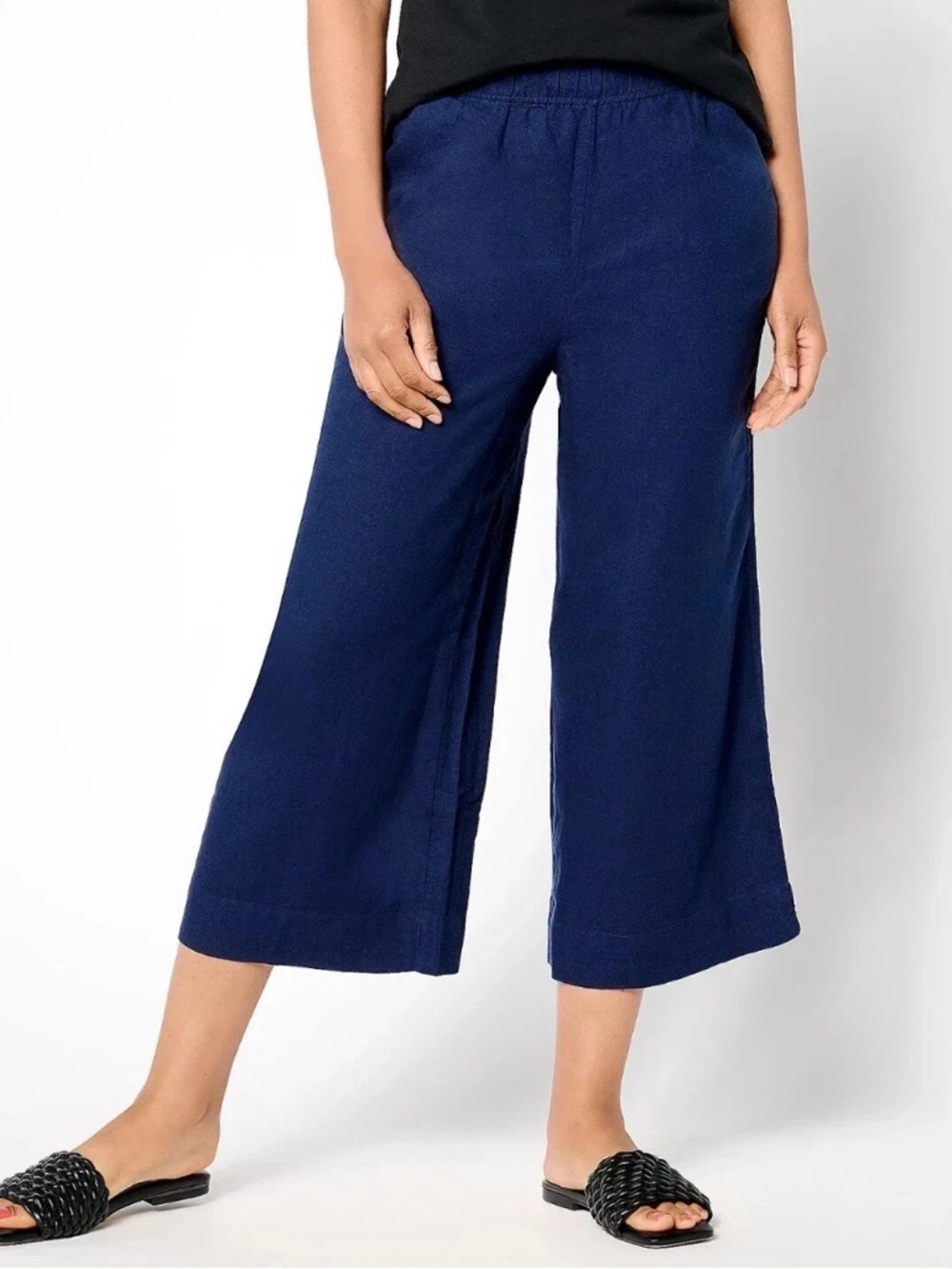 Natural D&Co Womens Dark Blue Cropped Wide Leg Linen Pants